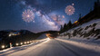 © oldwar - starry sky in winter snowy night. fantastic milky way in the New Year's Eve. Winter road in the mountains. fireworks and holiday lights on the background. Photo greeting card