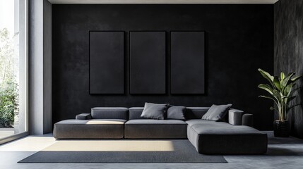 Poster - A minimalist living room with a black feature wall showcasing a triptych of square canvas art, with a sleek gray sofa adding balance to the dark, modern exhibition-style space.