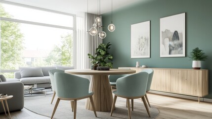 Poster - A modern dining room featuring mint-colored chairs around a round wooden table, set against a soft green accent wall, with a cozy grey sofa and a sleek wooden cabinet nearby.