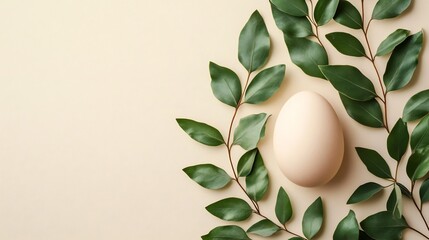 Poster - Minimal Easter composition featuring single pastel egg nestled among green leaves on a soft cream background The clean lines and subtle design make it perfect for a modern holiday greeting