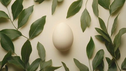 Poster - Minimal Easter composition featuring single pastel egg nestled among green leaves on a soft cream background The clean lines and subtle design make it perfect for a modern holiday greeting