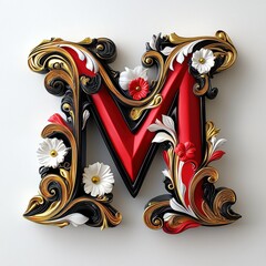 Elegant 3D Floral Letter M Design in Red and Gold