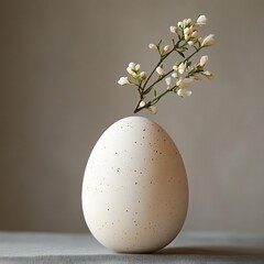 Poster - Minimal Easter decoration featuring single egg with light speckling on a neutraltoned background A sprig of flowers adds a subtle touch of color leaving space for an elegant holiday greeting