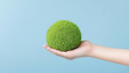 Hand holding a moss-covered sphere, isolated on a blue background. 