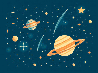 A colorful painting of the solar system with a yellow planet in the middle. The painting is full of stars and planets, and the yellow planet is surrounded by other planets. The painting has a dreamy