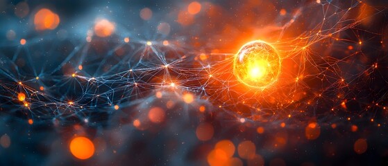 Poster - A vibrant digital representation of interconnected nodes and glowing particles, showcasing a network of energy with an intense central light, conveying innovation and technology.