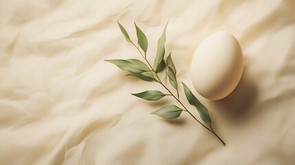 Poster - Minimal Easter decoration a single pastelcolored egg resting on a smooth neutraltoned background A delicate sprig of greenery adds a subtle touch of nature with ample space for text
