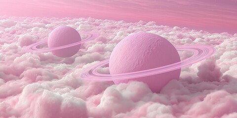 Surreal pink planets with rings hover over a sea of fluffy clouds in a pastel sky. Ethereal fantasy landscape blending celestial and earthly elements