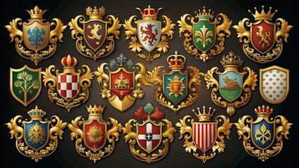 Collection of elegant  heraldic elements including shields, crests, and badges in various styles and shapes, perfect for creating custom coat of arms templates.