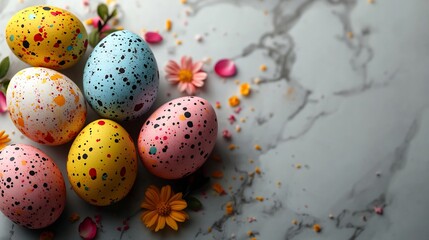 Poster - Minimal Easter decoration colorful eggs and a few flower petals scattered over a solid lightcolored background Clean simple layout with soft shadows and space for Easter greetings or text
