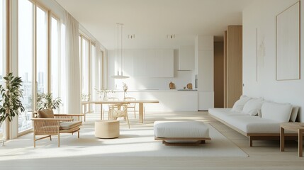 Poster - A Scandinavian-style white apartment, with clean lines, light wooden floors, and minimalist furniture, accented by soft, natural light from the large windows.