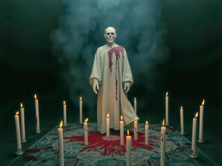 Poster - A skeleton is standing in front of a circle of candles, with red blood dripping from its neck. The scene is dark and eerie, with a sense of foreboding and danger