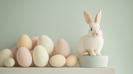 Poster - Minimalistic Easter decoration pastelcolored eggs and bunny figurines arranged neatly on a soft neutral background Simple elegant design with space for text perfect for Easter greetings