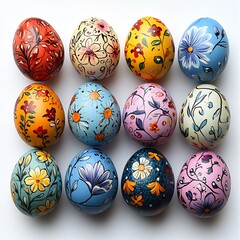 Poster - Perfectly crafted colorful handmade Easter eggs arranged a neat pattern against a pure white backdrop showcasing intricate designs and vivid hues for a stunning Easterthemed composition