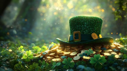 Poster - Playful illustration of sparkling green hat resting atop a pile of shimmering gold coins with clover leaves elegantly framing the scene embodying the essence of St Patrick's Day festivities