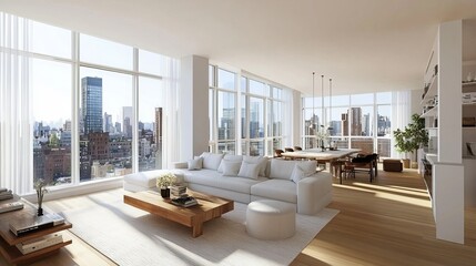 Poster - A spacious living room with modern Scandinavian design, featuring white walls, light wood floors, and a large sofa, with panoramic windows showcasing a bright sunny day.