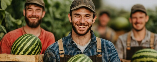 Wall Mural - Smiling farmers celebrate their watermelon harvest with joyful enthusiasm in a lush green field full of fresh produce