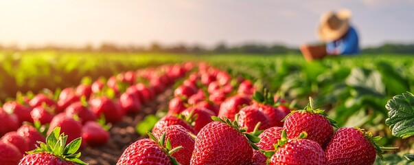 Wall Mural - Vibrant strawberry field at sunset a beautiful scene of harvesting ripe berries in nature's abundance