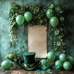 Fototapete - Playful scene featuring empty paper banner for St Patrick's Day surrounded by festive shamrocks a whimsical hat and a cluster of balloons in various shades of green