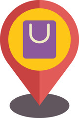 Poster - red location pin pointing at purple shopping bag icon, concept for finding shops and stores