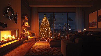 Festive home interior with a lit fireplace and a decorated Christmas tree glowing softly in a dark living room at night