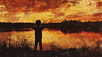 Sticker - A young boy with open arms standing near a lake, silhouetted by the fading light of a dramatic sunset, with the water reflecting the warm hues of the sky.