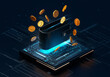 © Hanna - Digital wallet design with floating coins representing online transactions in a futuristic setting