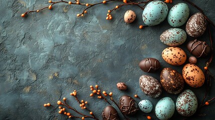 Poster - Robin's eggs chocolate eggs make up a vibrant border along the edge of this Easter design The topdown view leaves space in the center for text perfect for Easter greetings or invitations