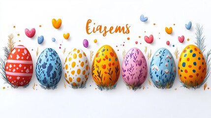 Poster - Set of flat design Easter eggs various sizes and patterns resting on a pristine white background The colorful display offers a cheerful spring vibe with plenty of room for copy space