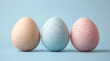 Poster - Simple Easter design three lightly colored eggs arranged in a row on a flat pale blue background Minimalist elements add a touch of elegance with space for text or a greeting in the center