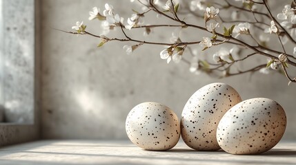 Poster - Simple Easter scene featuring trio of lightly patterned eggs on a smooth muted background The clean lines and minimal design give it a refined modern feel with space for an Easter message