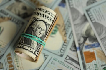 Wall Mural - Money close up. A roll of one American dollars on 100 USD banknotes