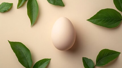 Poster - Single pastel egg resting a flat neutralcolored background with a few green leaves scattered around The minimalist style and soft colors provide a modern clean design with space for text