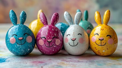 Fototapete - Smiling bunnyfaced Easter eggs artistically painted placed a soft pastel surface with ample space left on the side for a personalized Happy Easter message in bold text