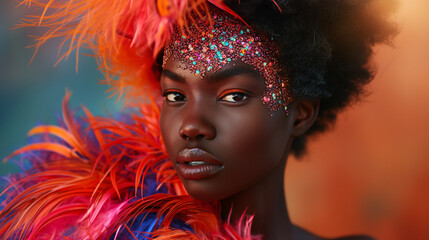 African American woman wearing a dress made with feather 