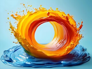 A vibrant splash of orange and blue paint forms a circular wave, creating a dynamic and energetic visual effect against a soft background.