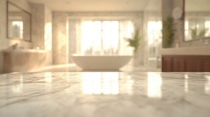 Poster - 3D rendering of an empty marble top table with a blurred bathroom interior background ideal for product display
