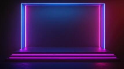 Poster - 3D rendered backdrop featuring a dark futuristic atmosphere with an empty stage illuminated by purple and blue lighting representing a contemporary interior concept suitable for product displays a