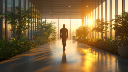 Silhouette of a man financier think about something while standing near office window background with copy space for your text message or advertising content, young male thoughtful rest after briefing