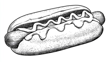 Line art illustration featuring a black and white outline drawing of a hot dog