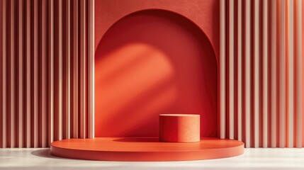 Poster - Red geometric podium background design with minimalistic 3D rendering