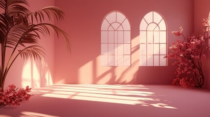 Poster - 3D rendering of an abstract pink gradient studio background for product presentation featuring an empty room with shadows of windows flowers and palm leaves providing ample copy space