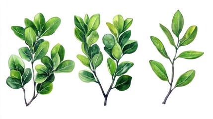 Poster - Watercolor set of Buxus leaves and branches Realistic hand painted illustration of boxwood foliage isolated on a white background