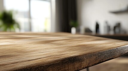 Poster - 3D rendering of a close up view of a wooden table with a blurred background