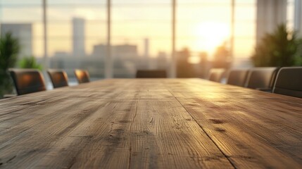 Poster - 3D rendering of an empty wooden tabletop with a blurred office environment in the background