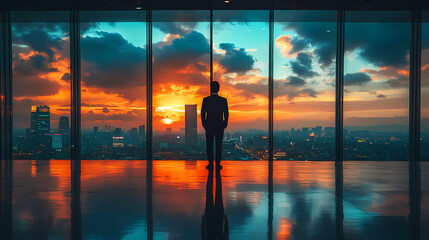 Silhouette of a man financier think about something while standing near office window background with copy space for your text message or advertising content, young male thoughtful rest after briefing