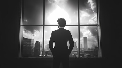 Silhouette of a man financier think about something while standing near office window background with copy space for your text message or advertising content, young male thoughtful rest after briefing