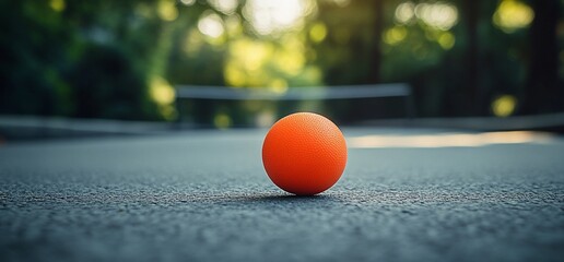 Orange ball lying on the ground in front of a blurred net.