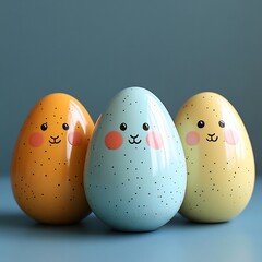 Poster - Three cheerful Easter eggs bunny smiles set against a minimalistic background their pastel colors popping with space for text in the upper corner ideal for a festive greeting