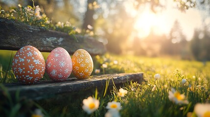 Poster - Three festive painted Easter eggs set against bright sunny background surrounded green grass meadow tree leaves A rustic wooden bench in the scene provides a perfect display area with ample copy space